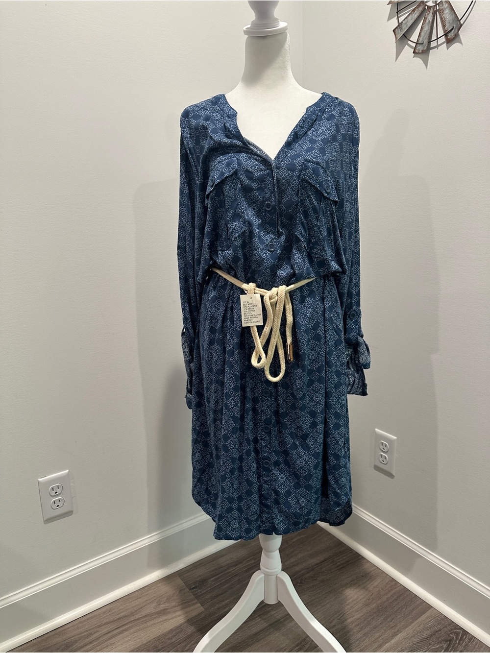 Sonoma Navy Blue Patterned Long-Sleeve Shirt Dress with Rope Tie